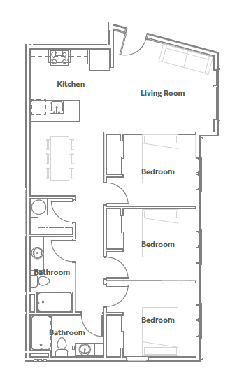 Floor plan for 3 beds, 2 baths, 1133 sqft